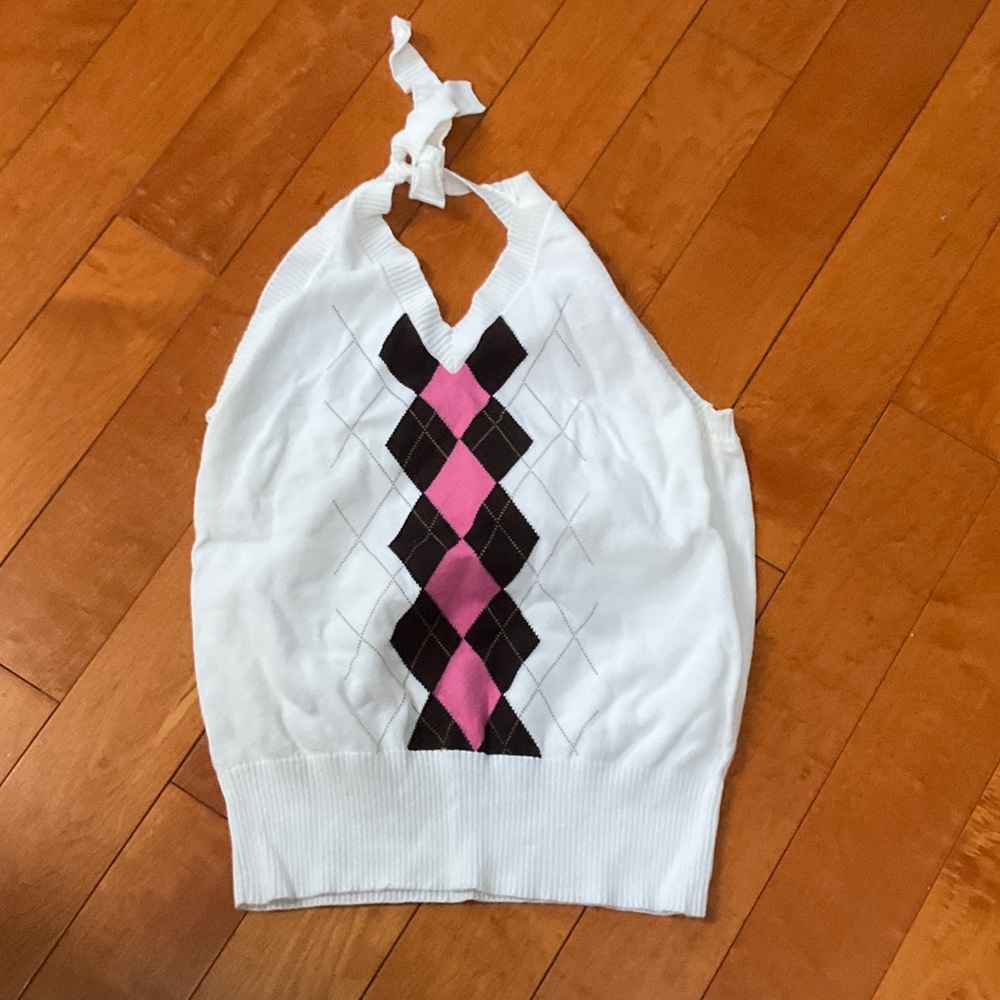 White Argyle Halter Sweater Tank with Pink & Black Diamonds